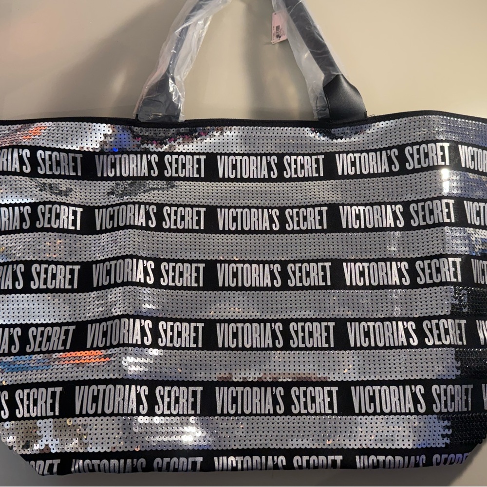 Victoria's Secret Black and Silver Sequin Logo Tote